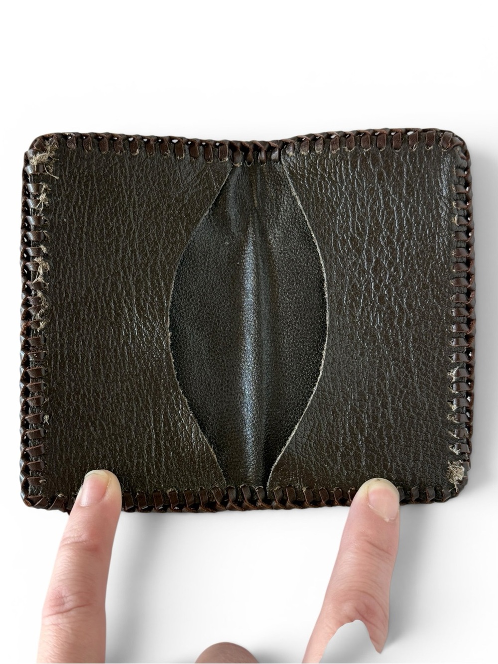 Vintage Hand Tooled Leather Business Card Holder Wallet Whipstitched Floral Brow - Picture 5 of 6